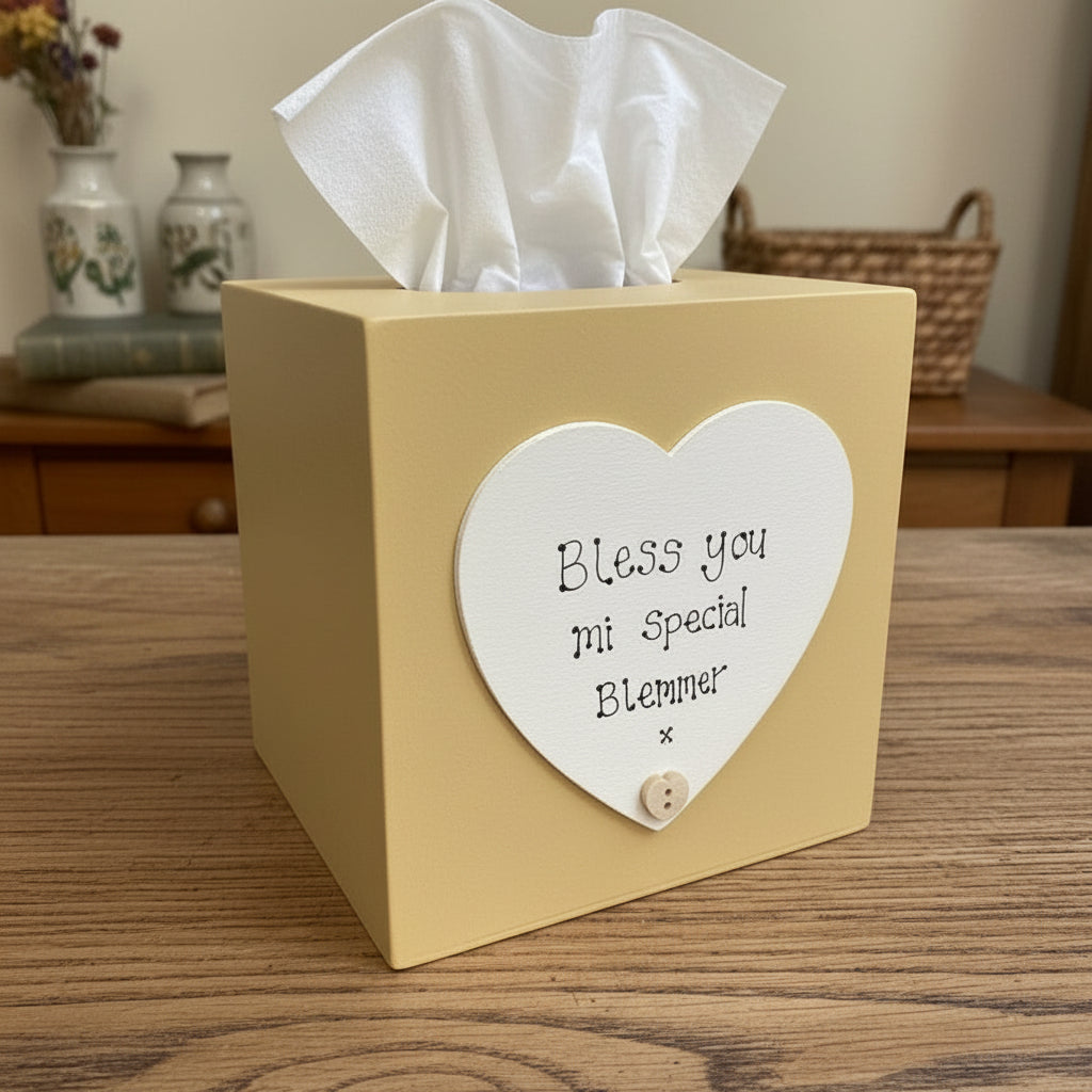 Personalised Hand-Painted Wooden Tissue Box – Custom Home Décor Gift with Wooden Heart & Whimsical Script