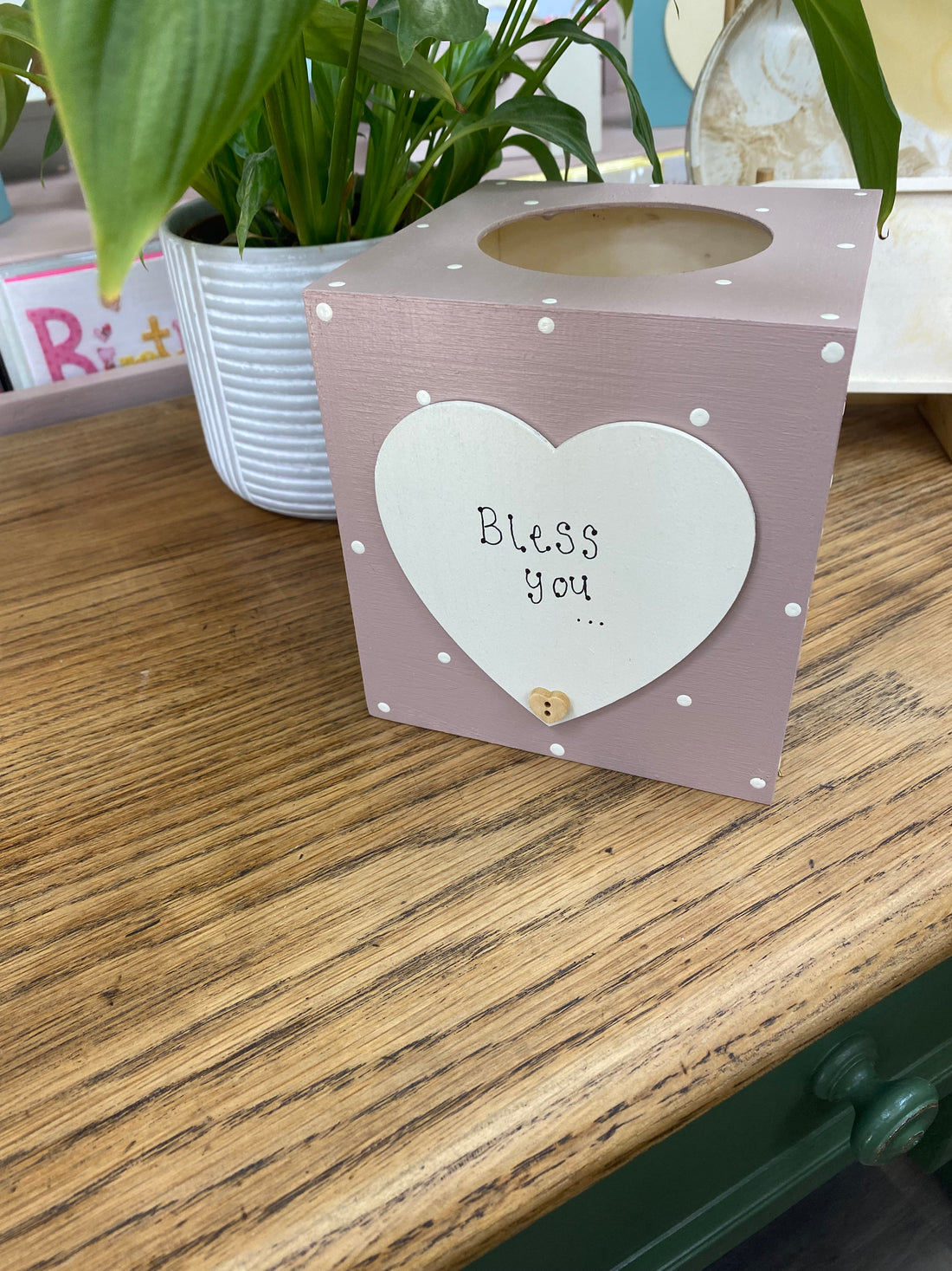 Personalised spotty wooden tissue box with heart.
