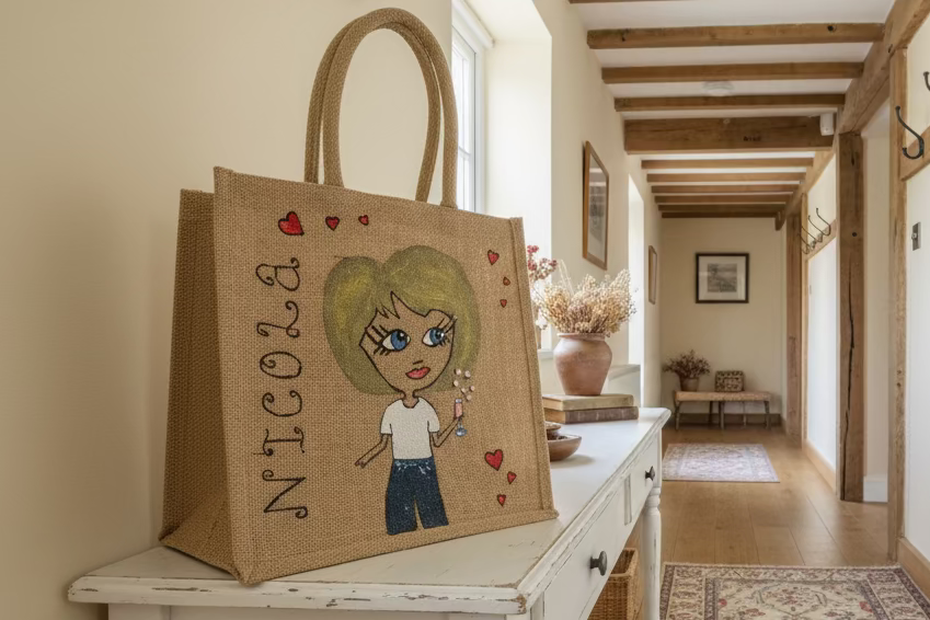 Personalised Hand-Painted Jute Bags | Custom Eco Tote with Caricature & Glitter