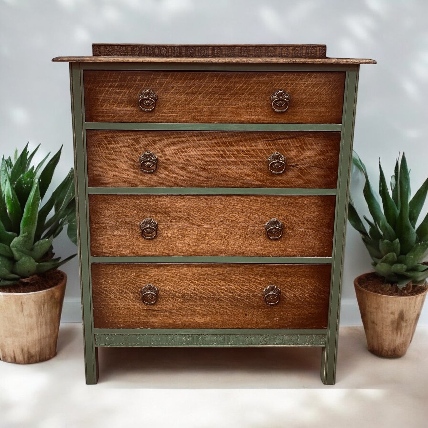 Vintage Walnut 4 Drawer Chest in Green