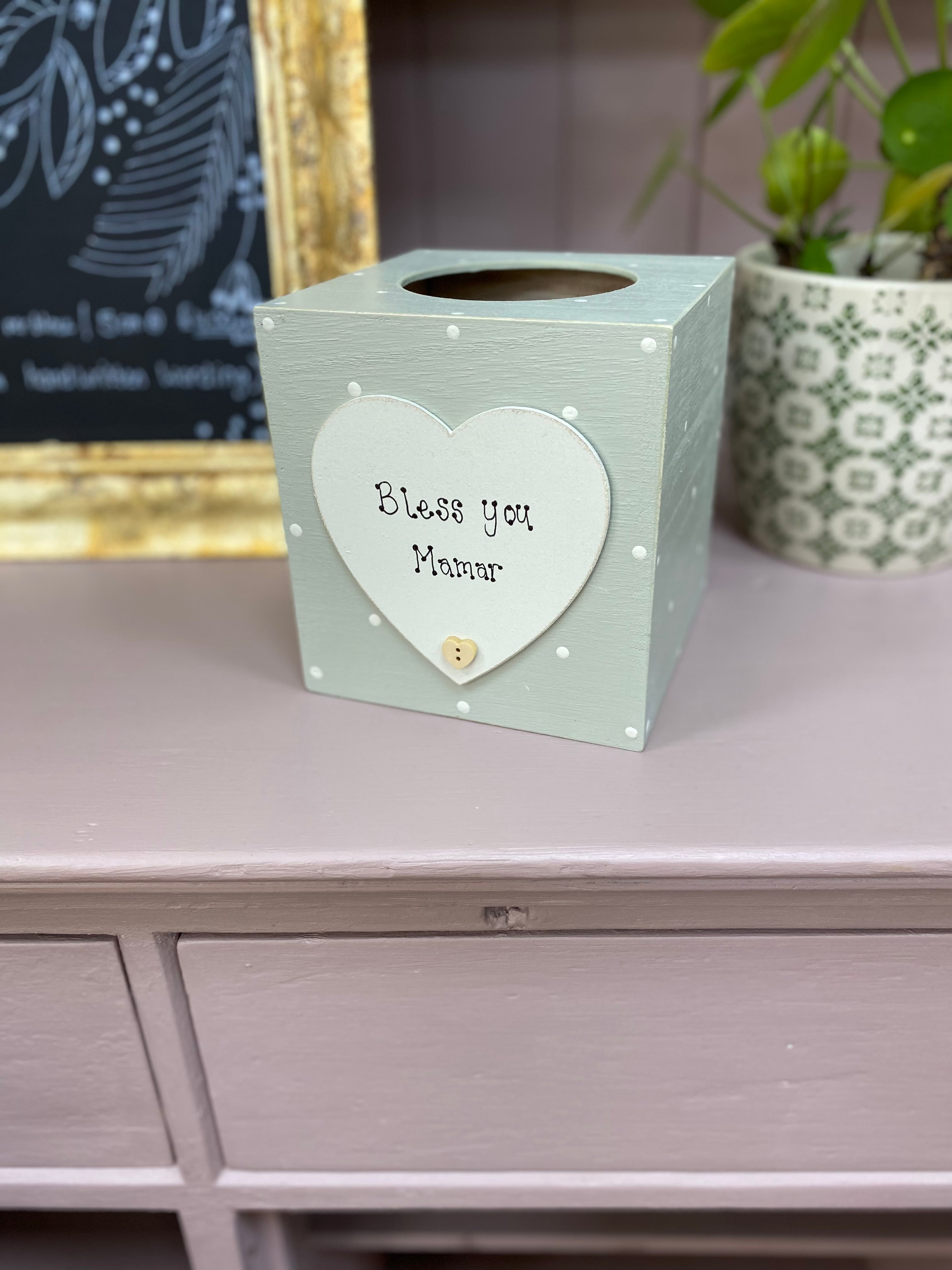 Personalised spotty wooden tissue box with heart.