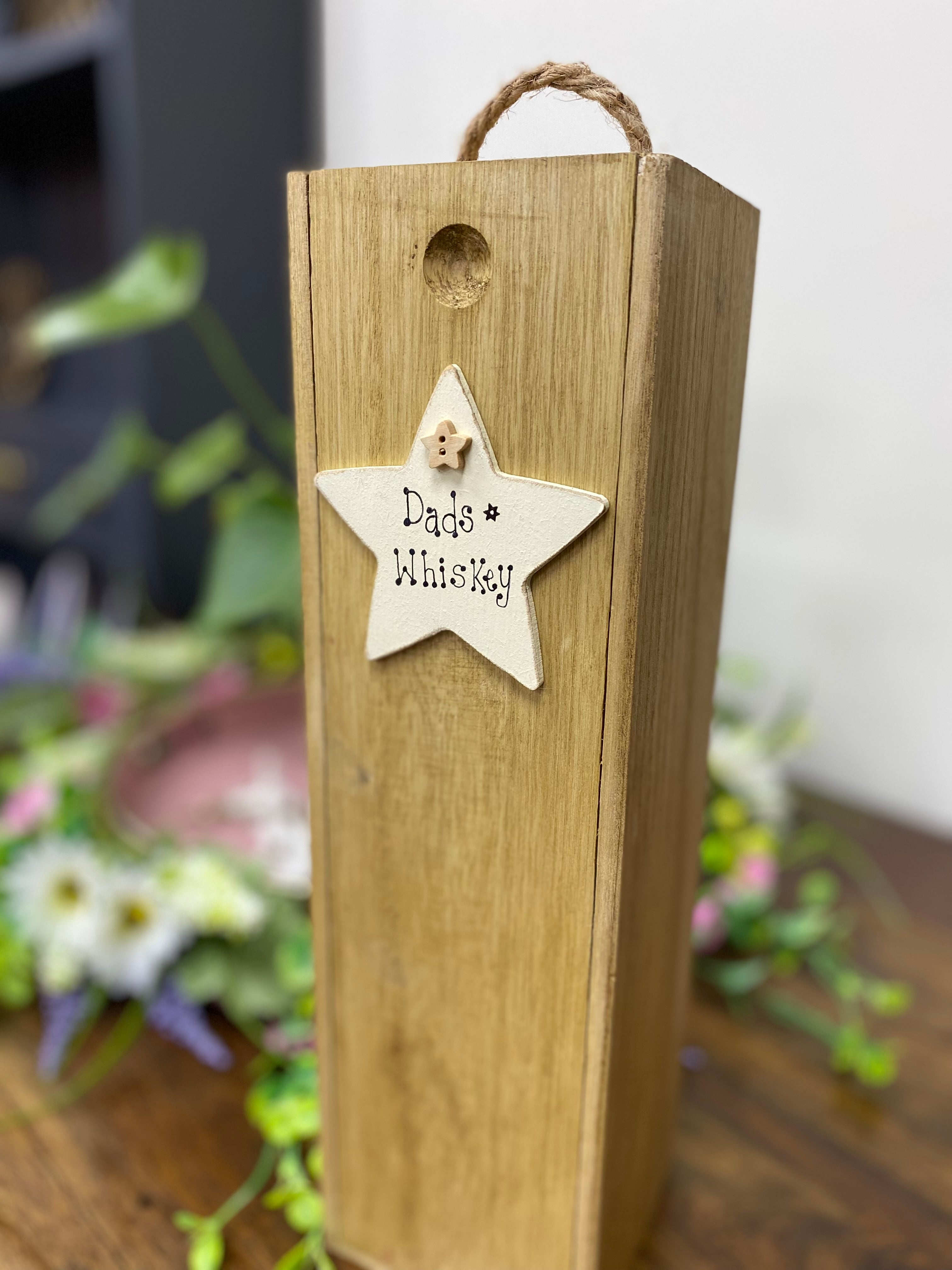 Personalised wooden wine box with star.