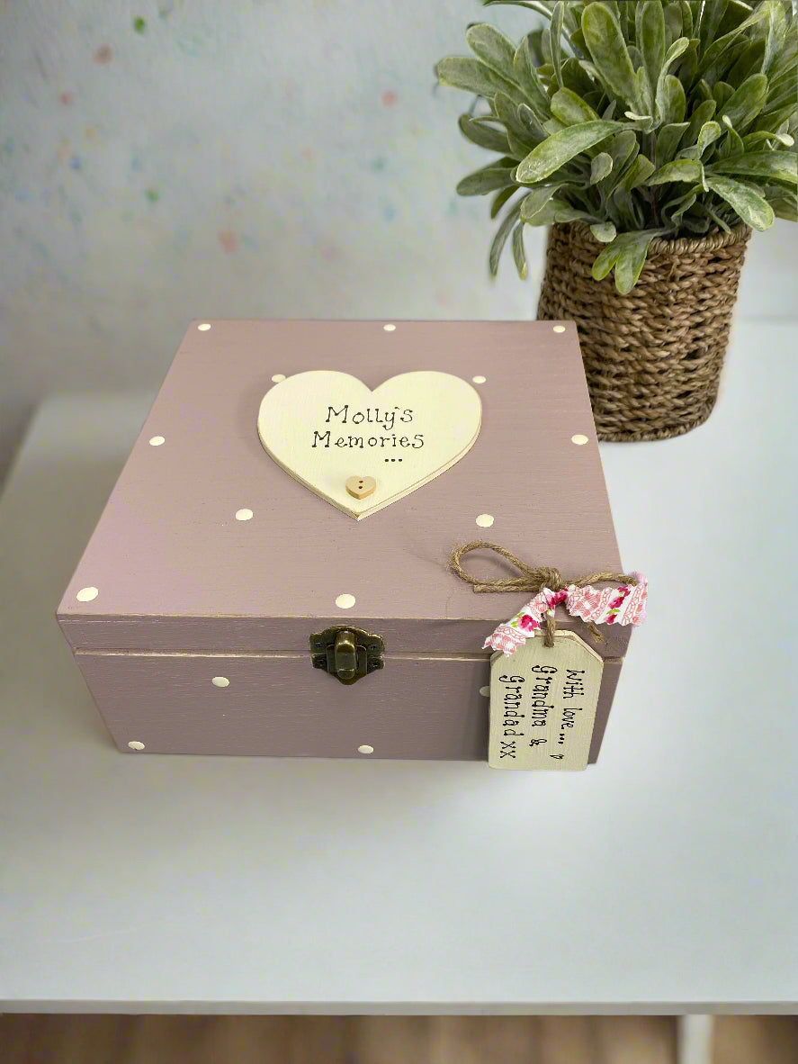 Personalised Wooden Storage Box – Handmade Spotty Keepsake Memory Gift with Tag