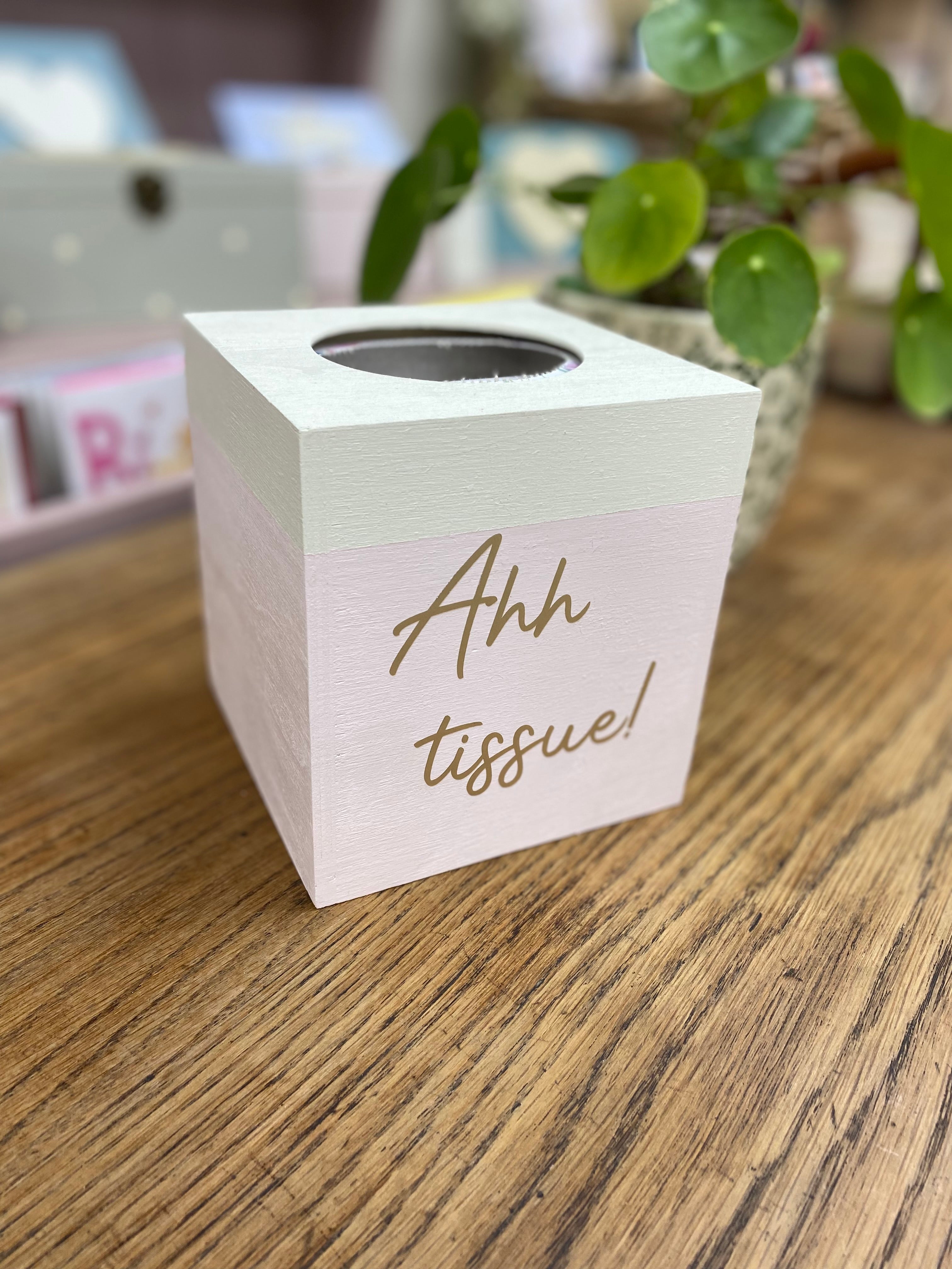 Personalised custom wooden tissue box.