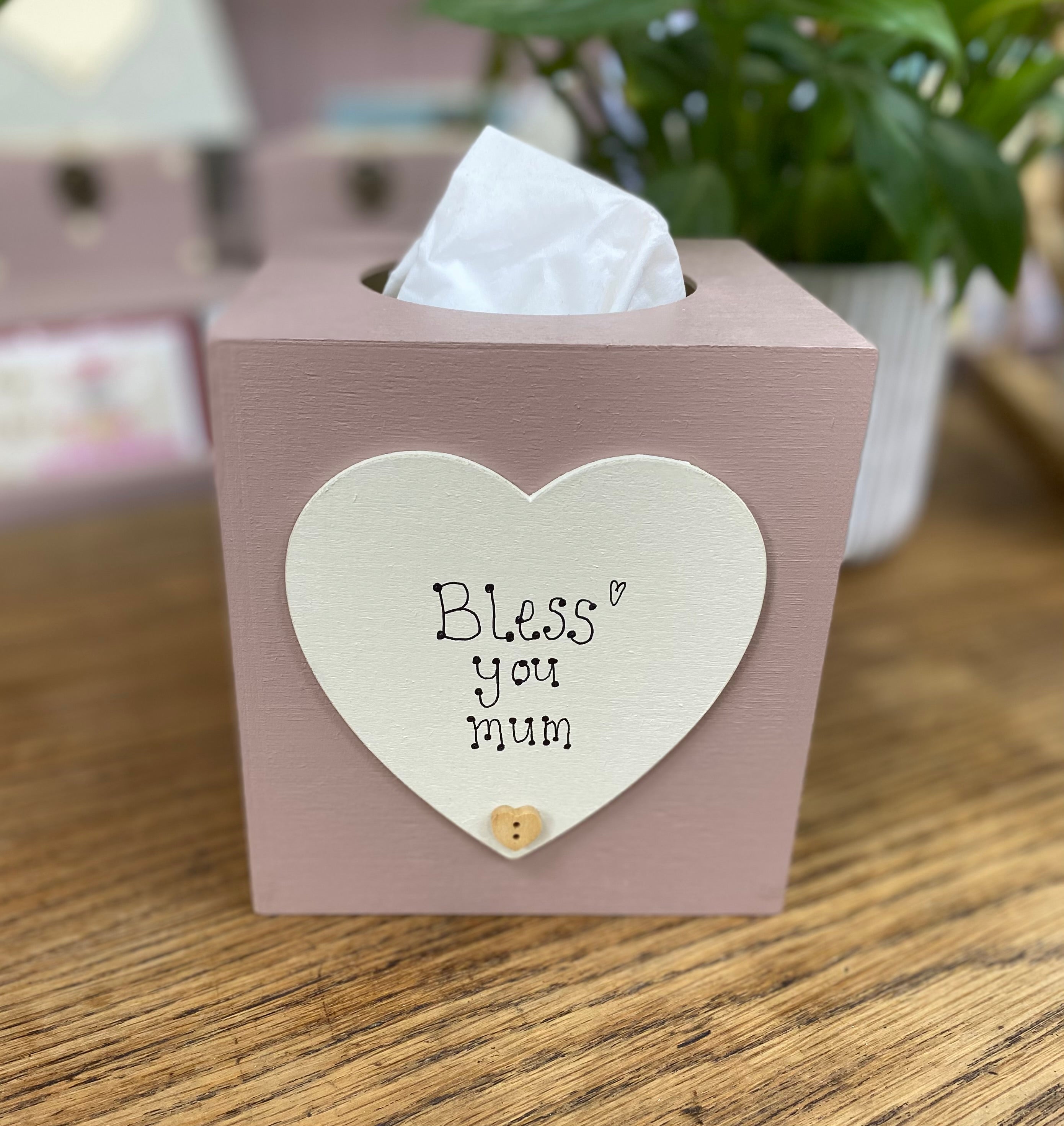 Personalised wooden tissue box with heart.