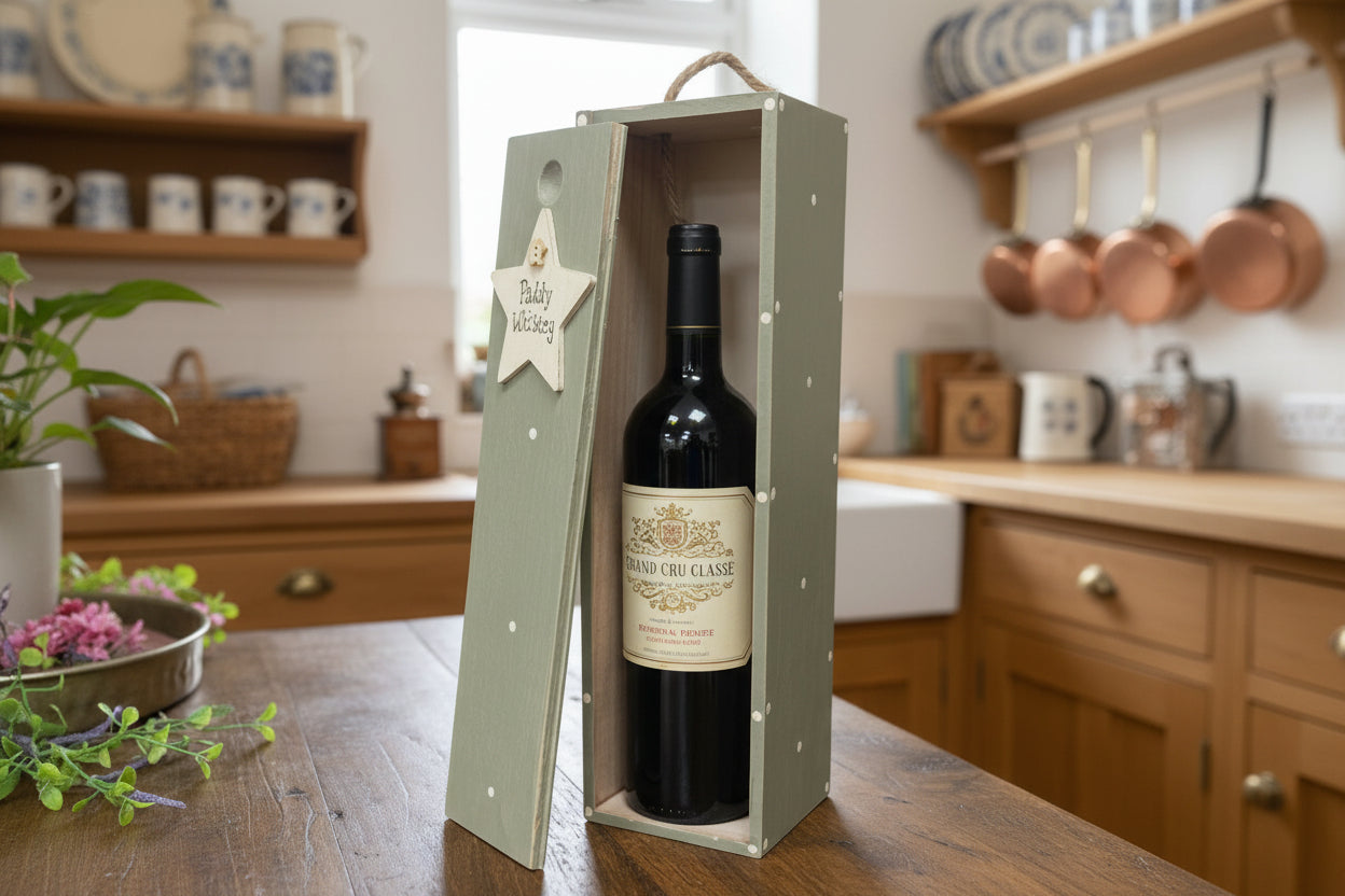Personalised Wooden Wine Box – Hand Painted with Polka Dots, Wooden Star & Whimsical Handwritten Text