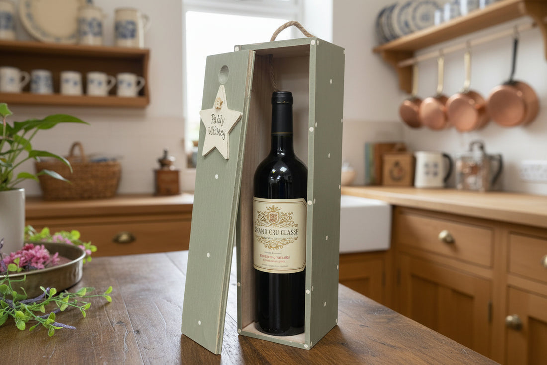 Personalised Wooden Wine Box – Hand Painted with Polka Dots, Wooden Star & Whimsical Handwritten Text