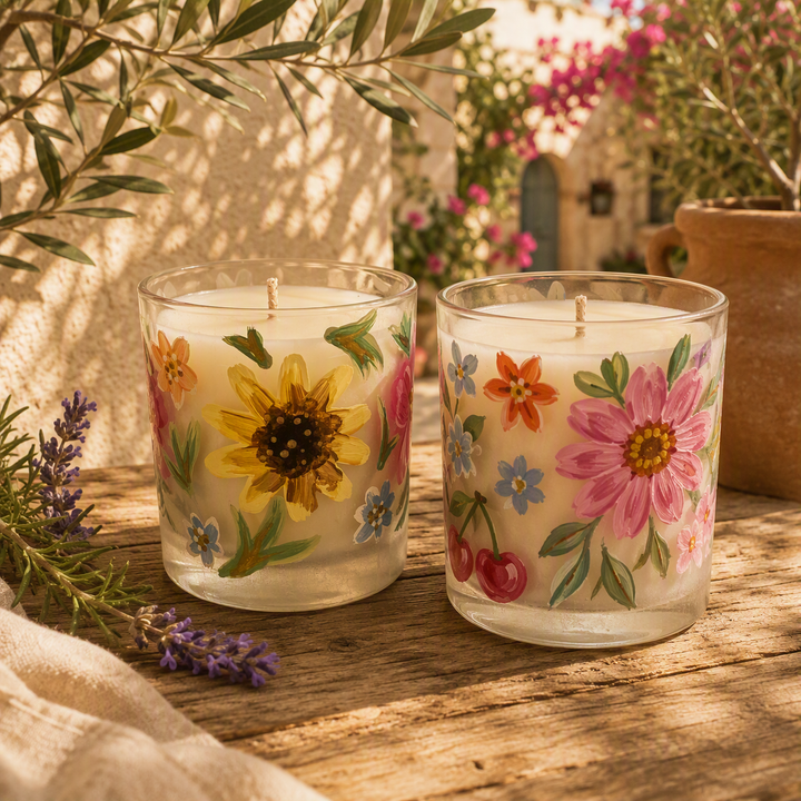 Hand Painted Floral Essential Oil Candle with Crackle Wood Wick | Cottage core Home Décor & Wellness Gift
