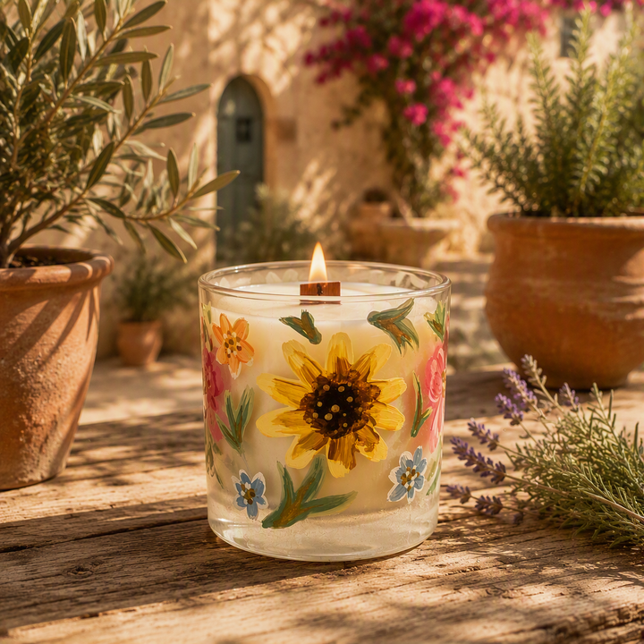 Hand Painted Floral Essential Oil Candle with Crackle Wood Wick | Cottage core Home Décor & Wellness Gift