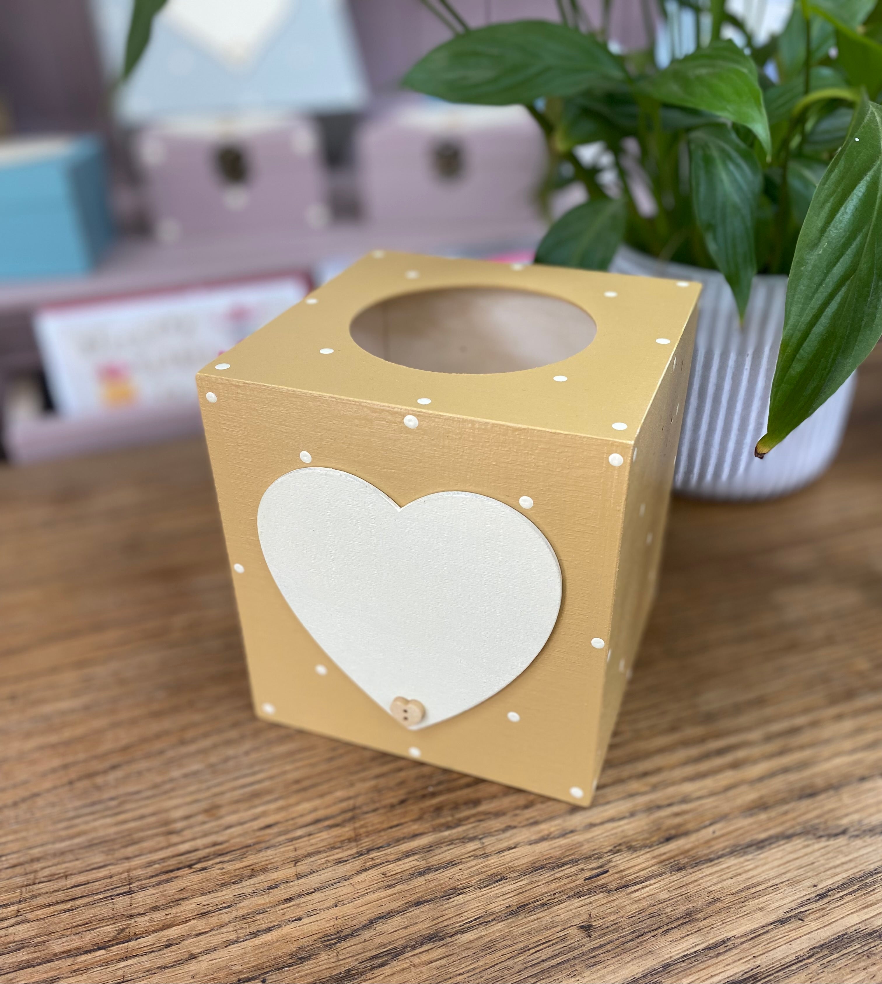Personalised wooden tissue box with heart.