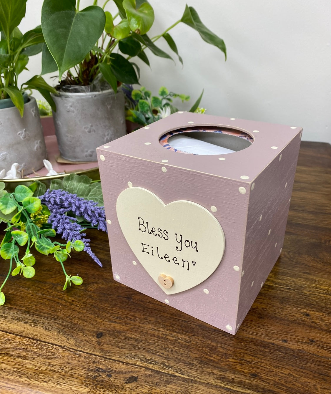 Personalised spotty wooden tissue box with heart.