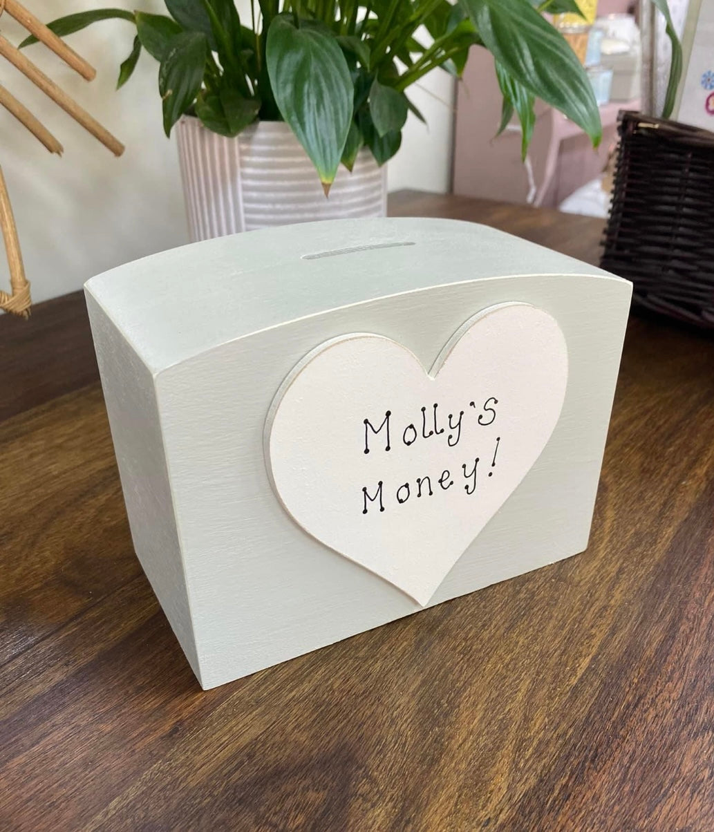 Personalised Luxury Wooden Money Box With Heart.