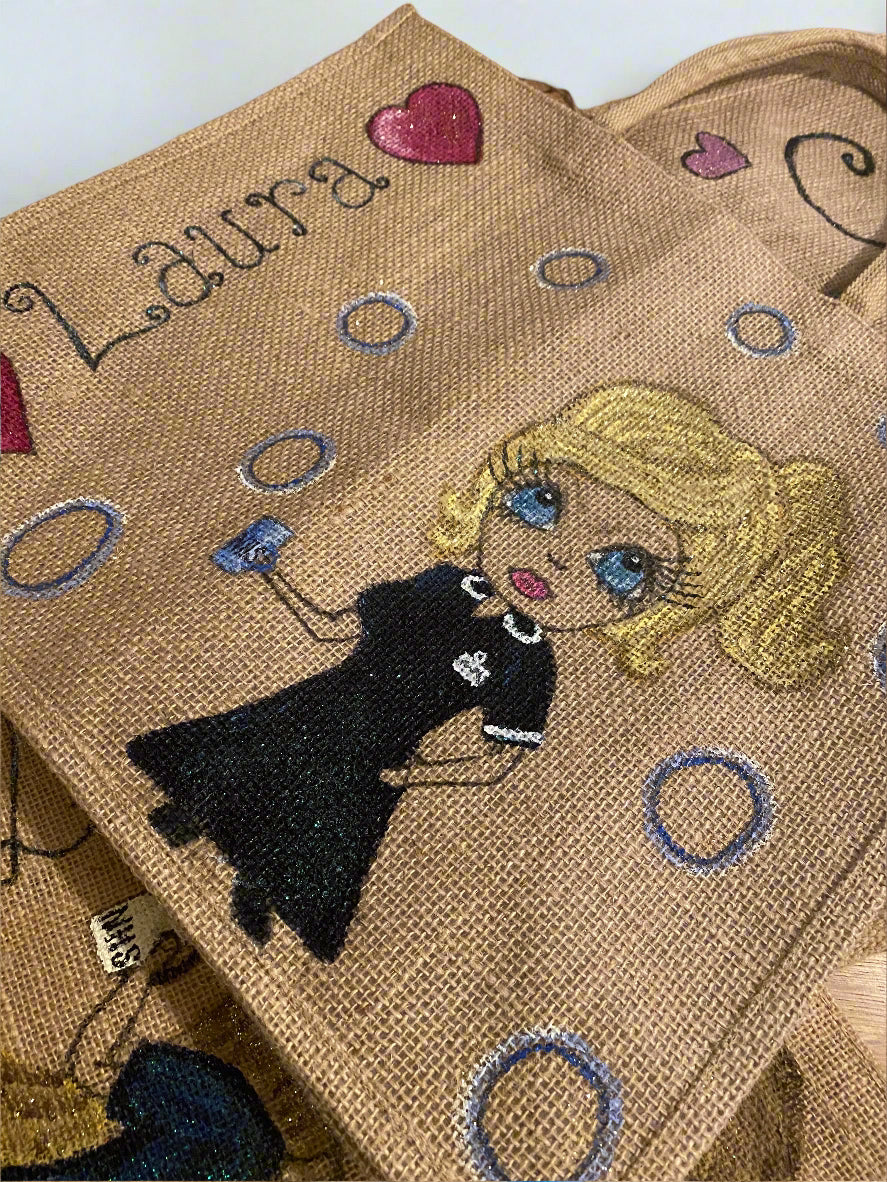 Personalised Hand-Painted Jute Bags | Custom Eco Tote with Caricature & Glitter