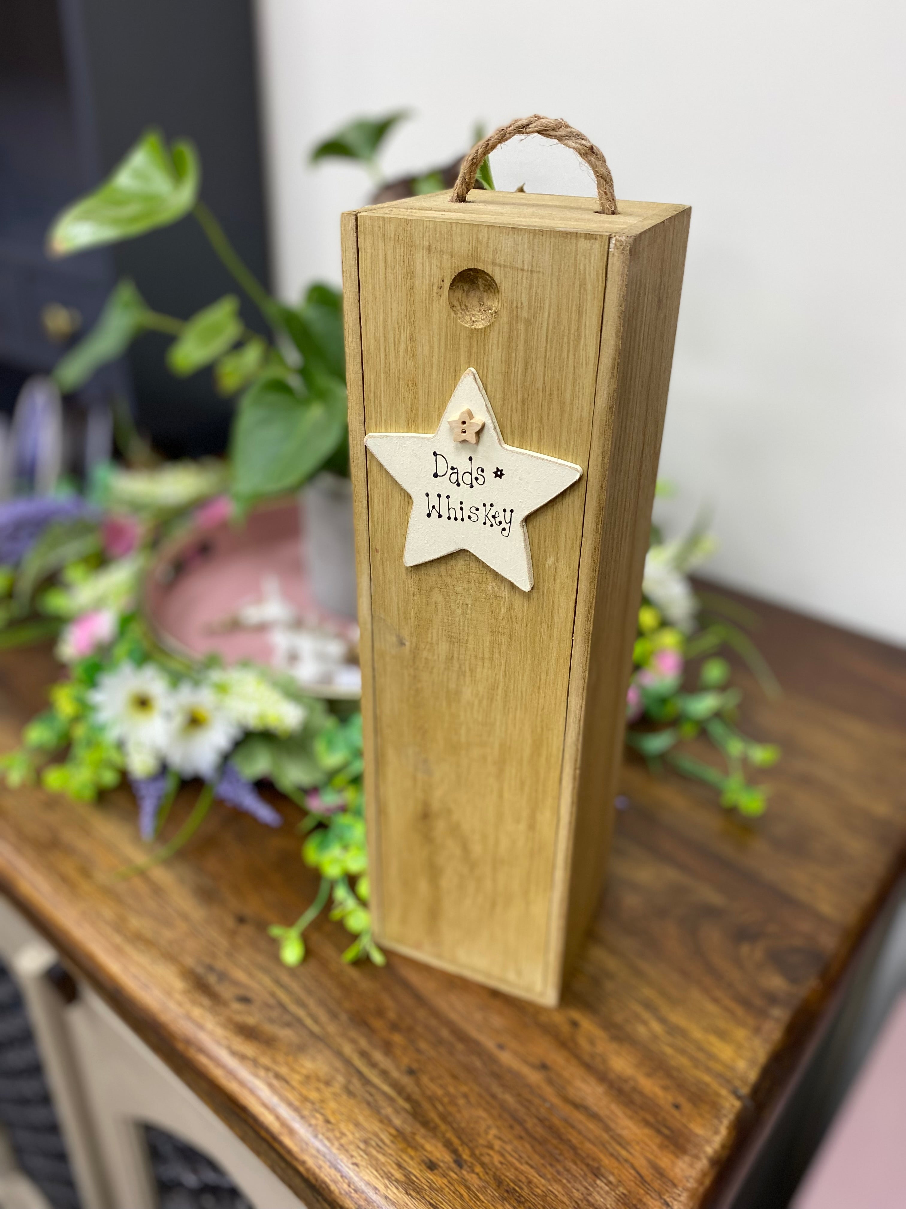 Personalised wooden wine box with star.
