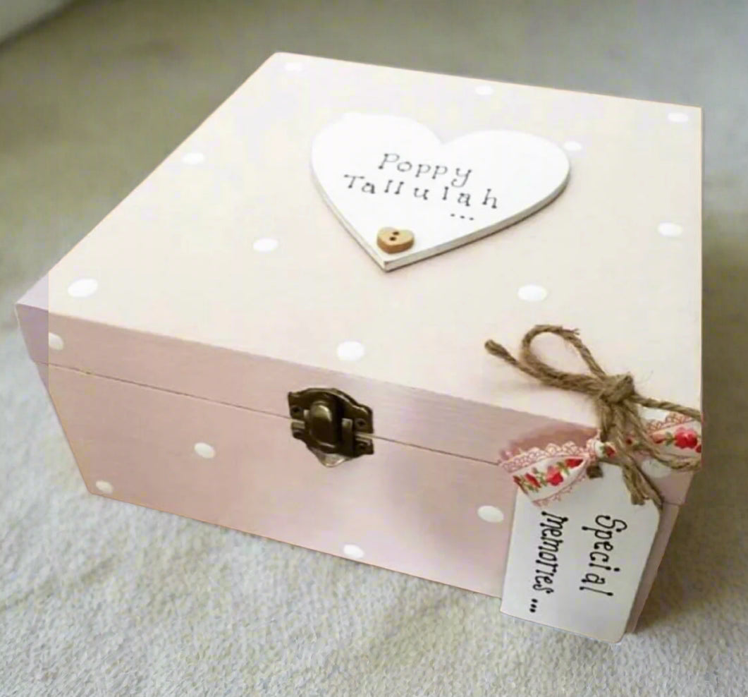 Personalised Wooden Storage Box – Handmade Spotty Keepsake Memory Gift with Tag