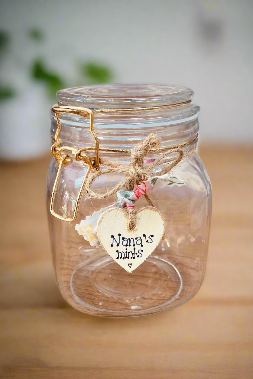 Personalised Glass Flip Lid Jar with Wooden Heart – Custom Gift for Any Occasion