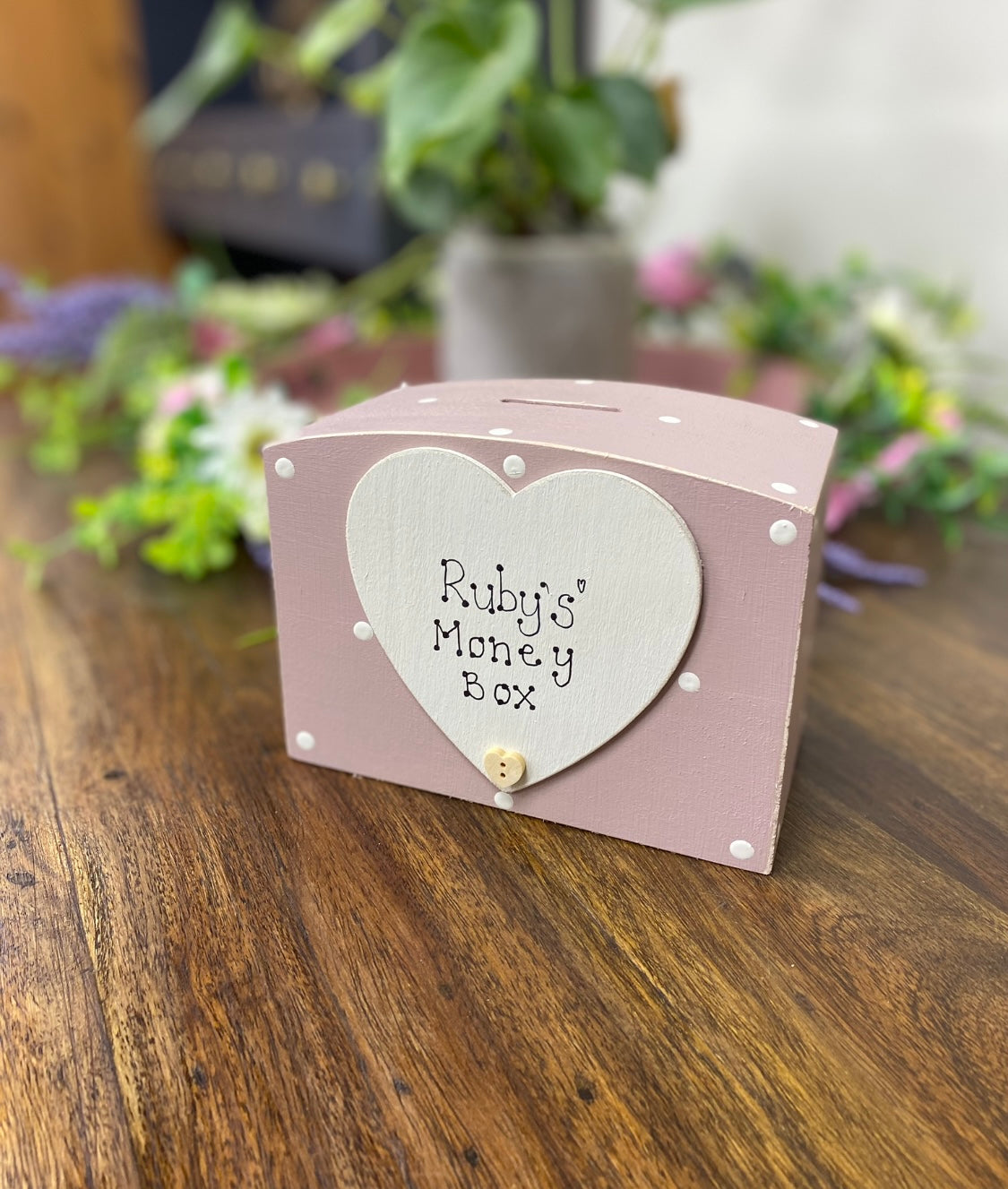 Personalised spotty wooden money box with heart.