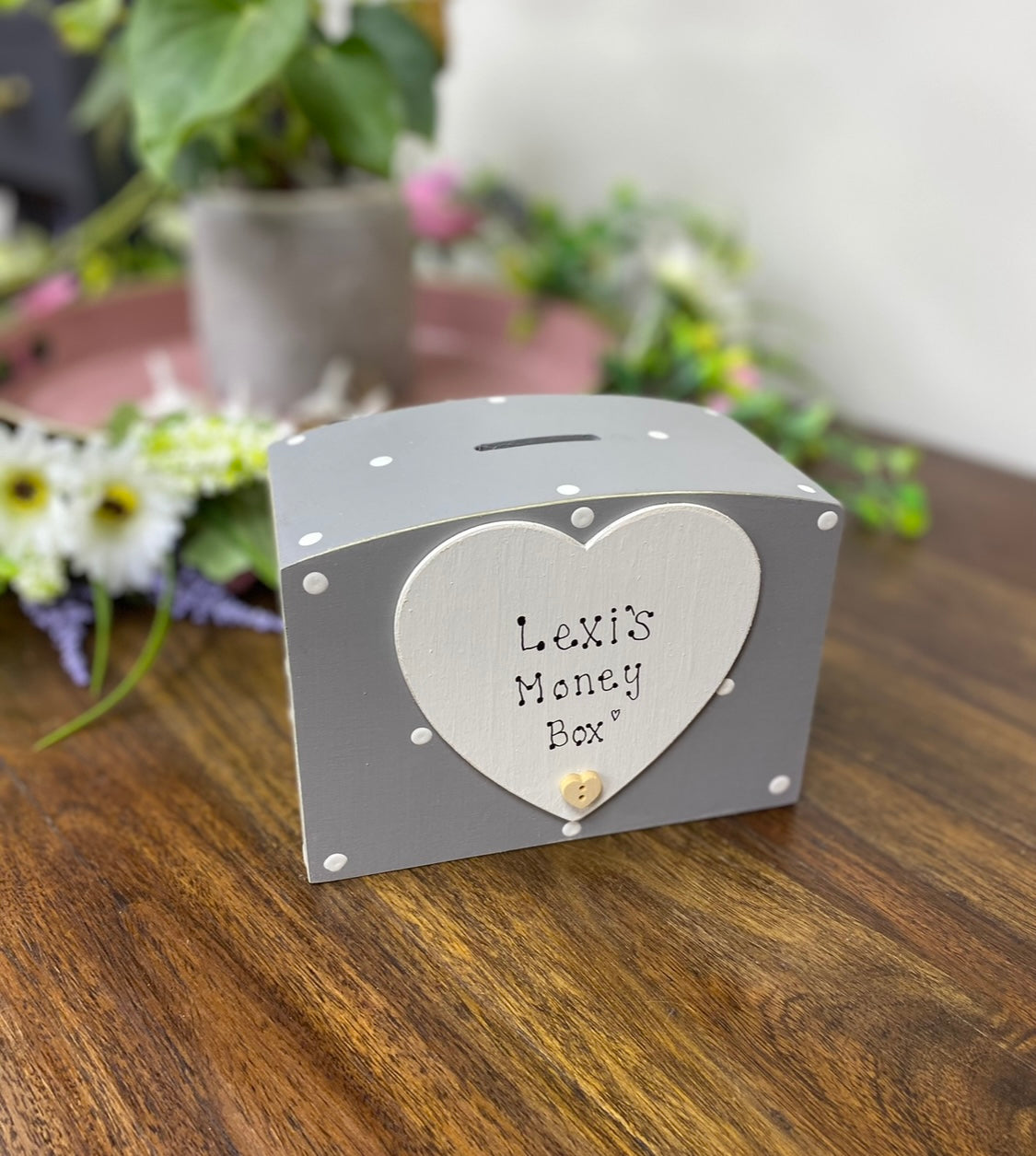 Personalised spotty wooden money box with heart.