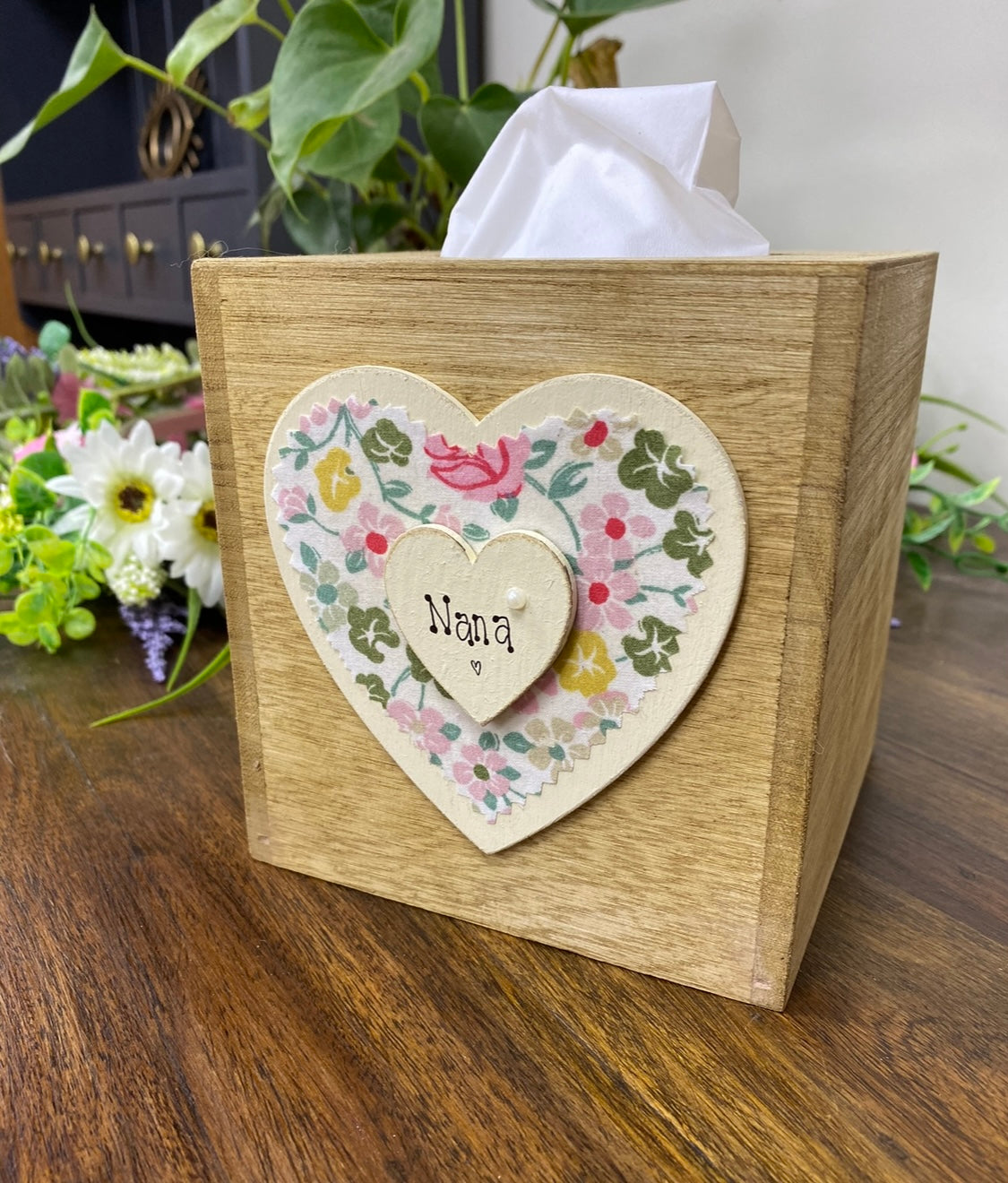 Personalised Luxury Wooden Tissue Box With Floral Heart.