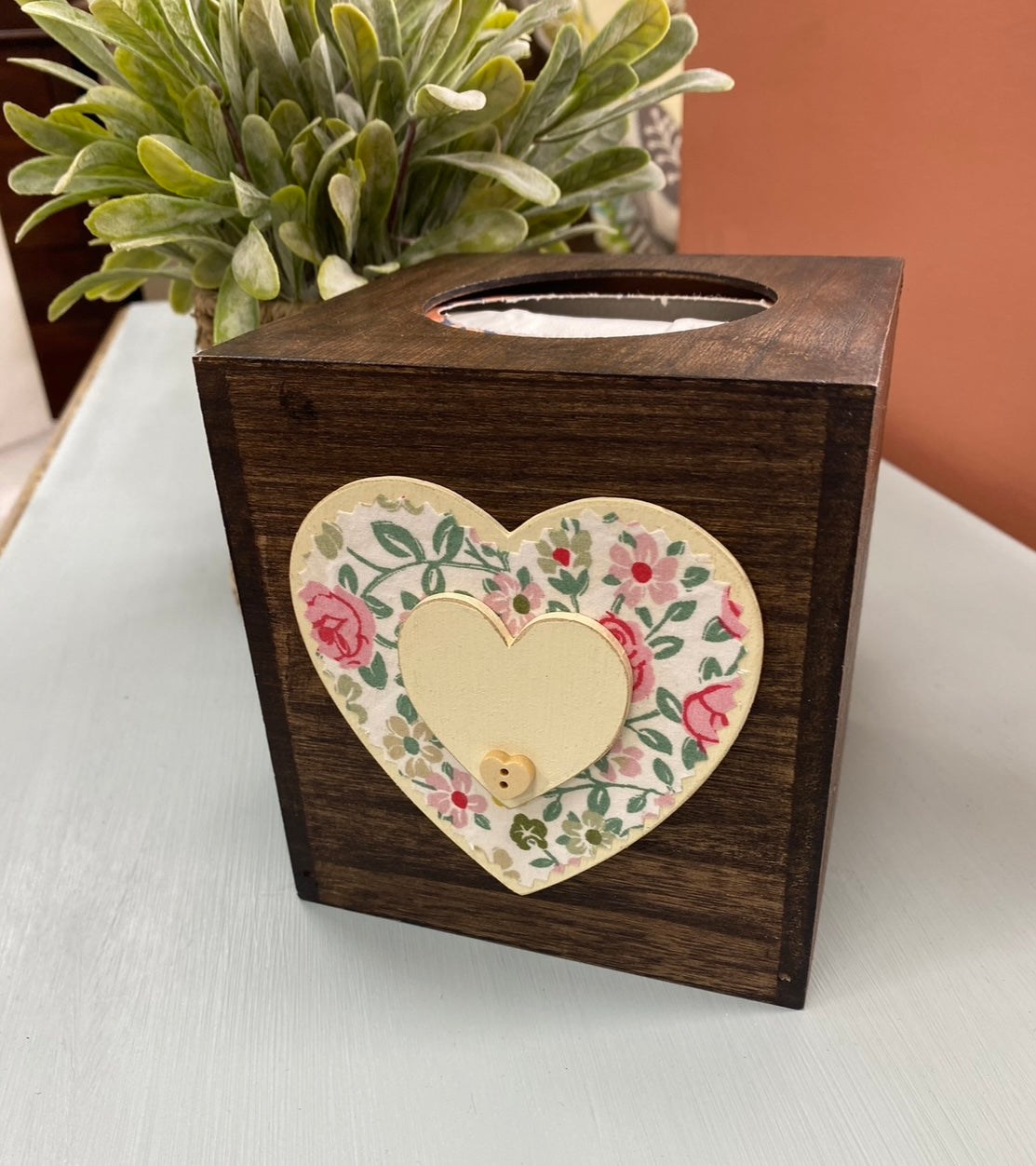 Personalised Luxury Wooden Tissue Box With Floral Heart.