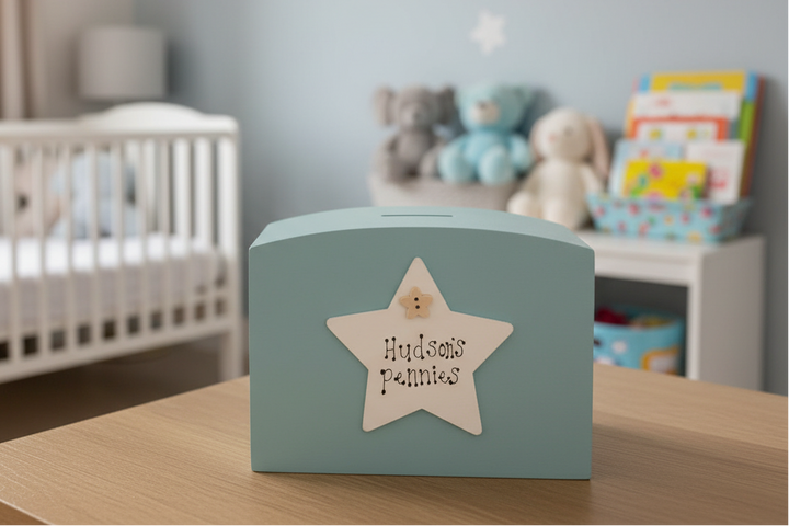 Personalised Hand-Painted Wooden Money Box with Star – Custom Name Gift