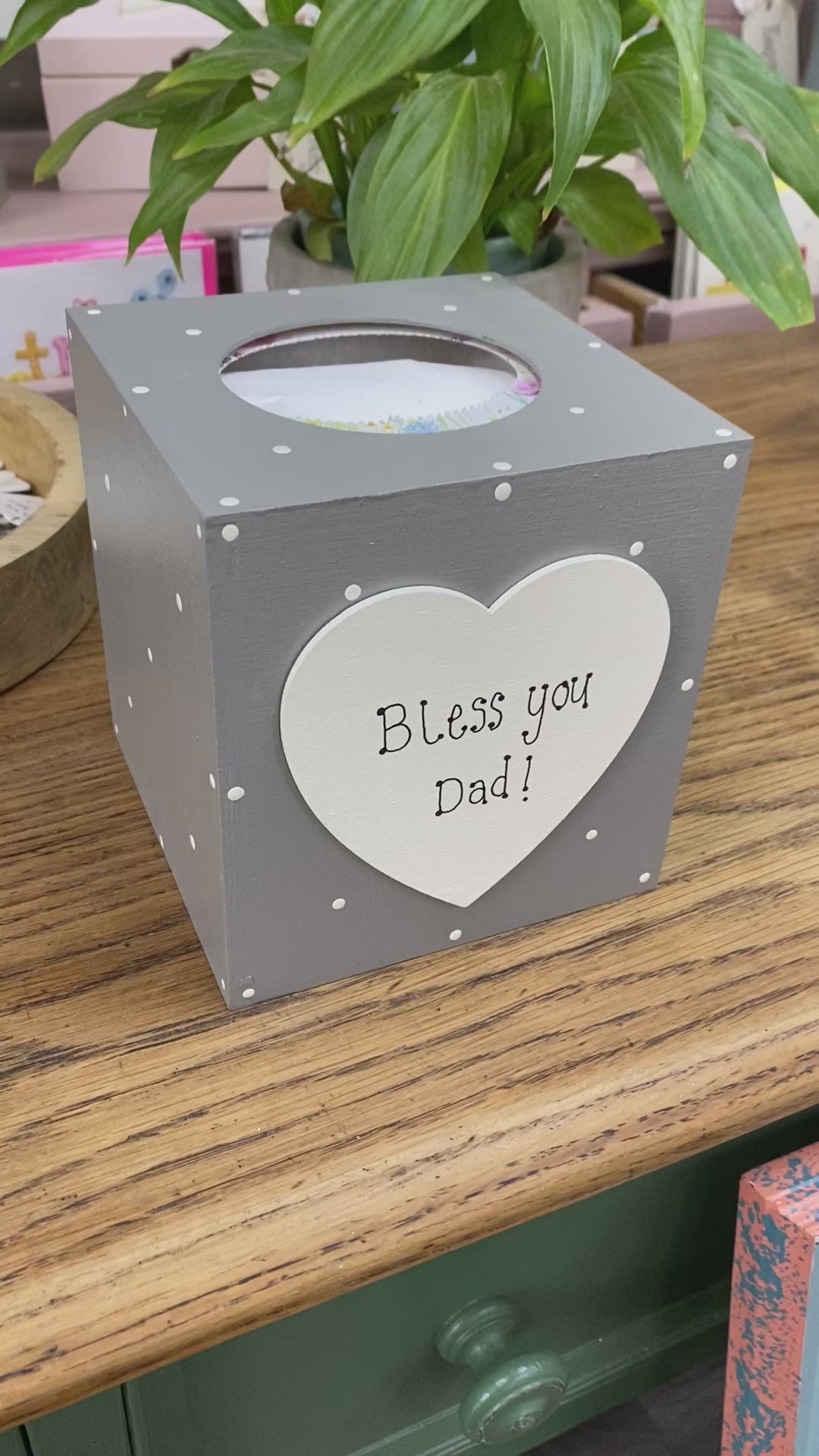 Personalised spotty wooden tissue box with heart.
