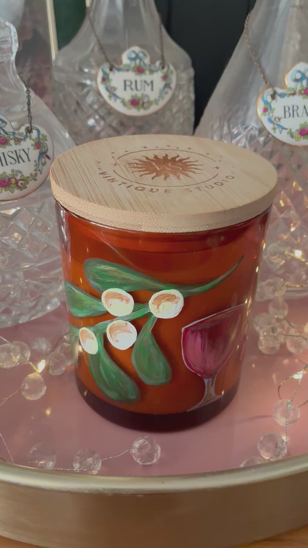 Mistletoe & Cherry Wine | Artisan Hand-Painted Essential Oil Crackle Wick Christmas Candle